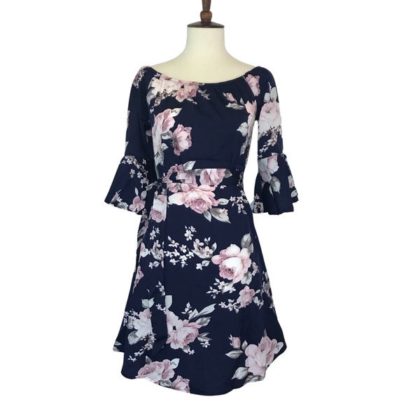 Boho Off Shoulder Navy Floral Chiffon Mini Dress - Picture 7 of 13